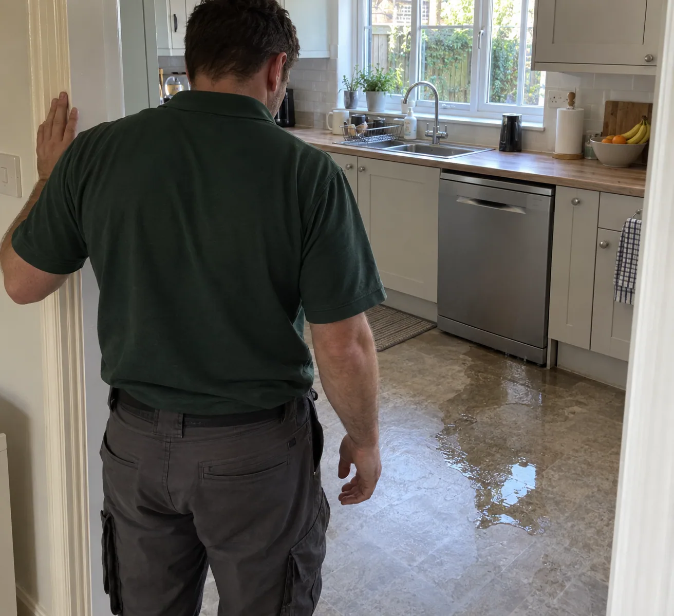Technician looking at water spreading across a Dallas kitchen floor from under a dishwasher