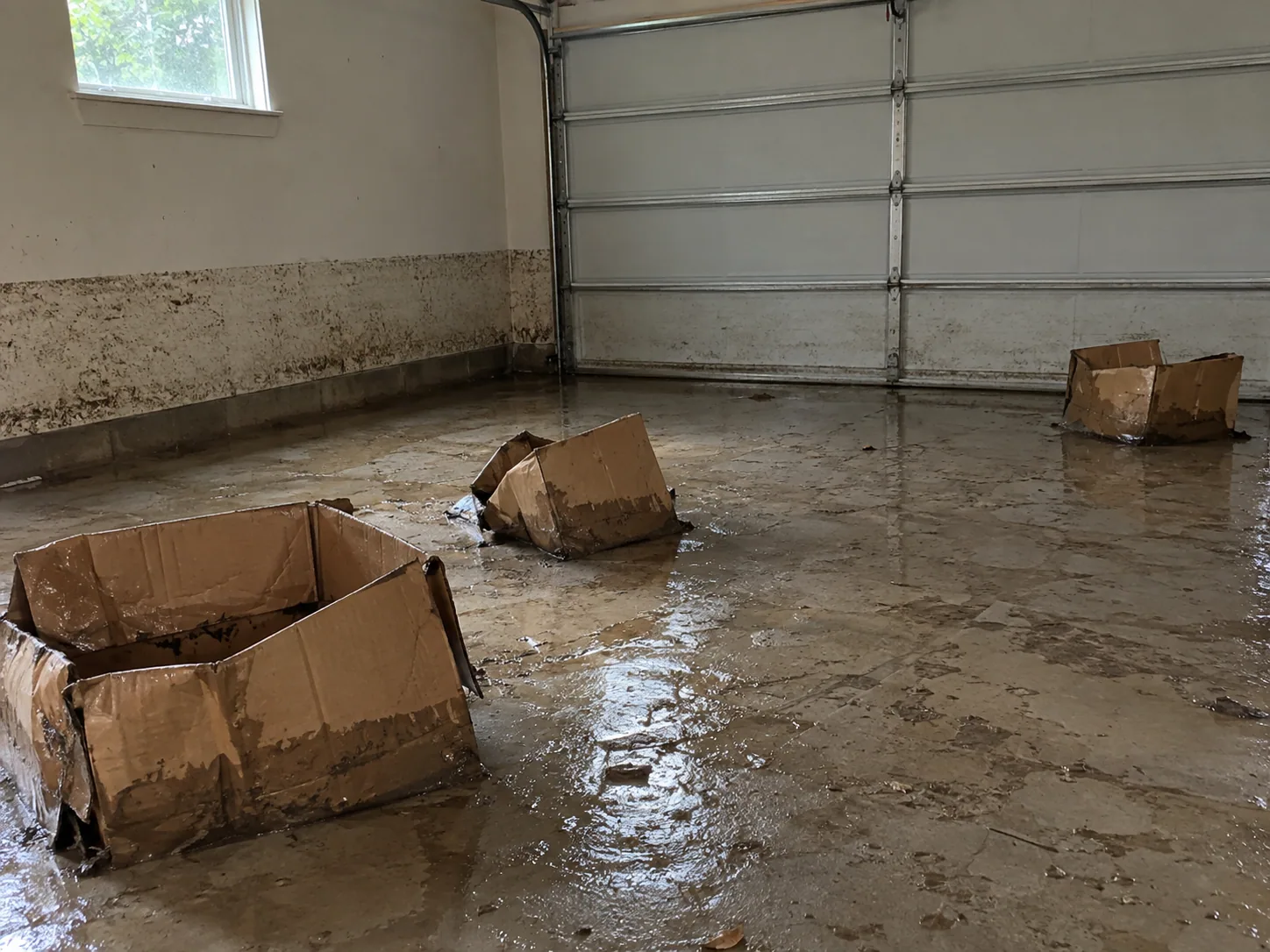 Dirty water line and silt left in a Dallas garage after flash flooding