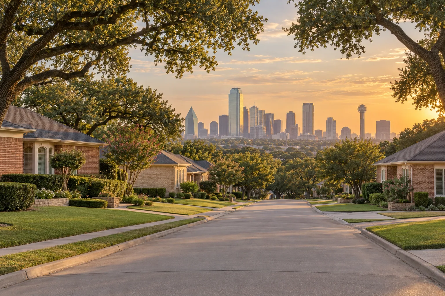Quiet residential street in Dallas, Texas with the downtown skyline beyond