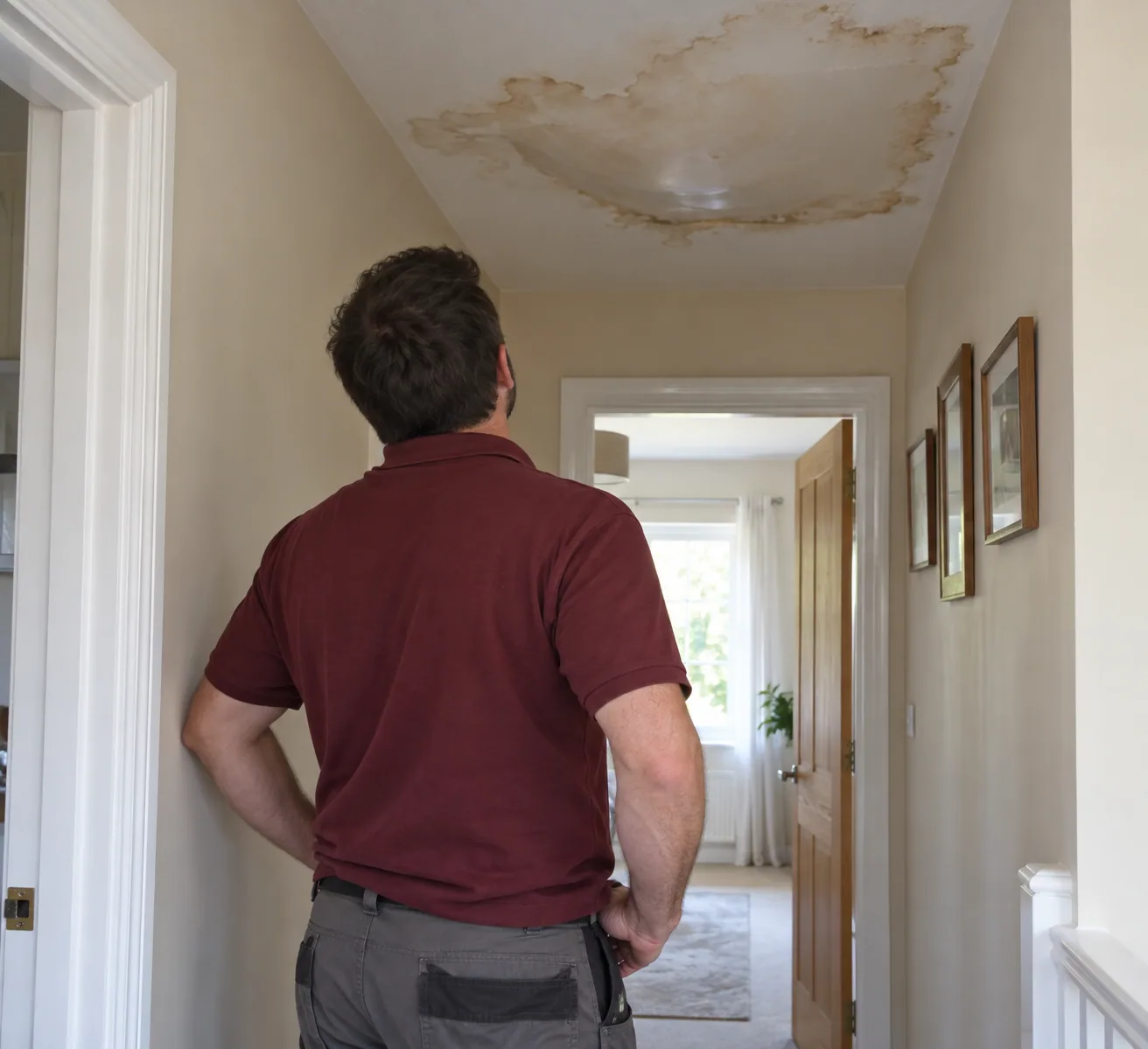 Technician looking at a large damp patch spreading across a hallway ceiling in a Dallas home