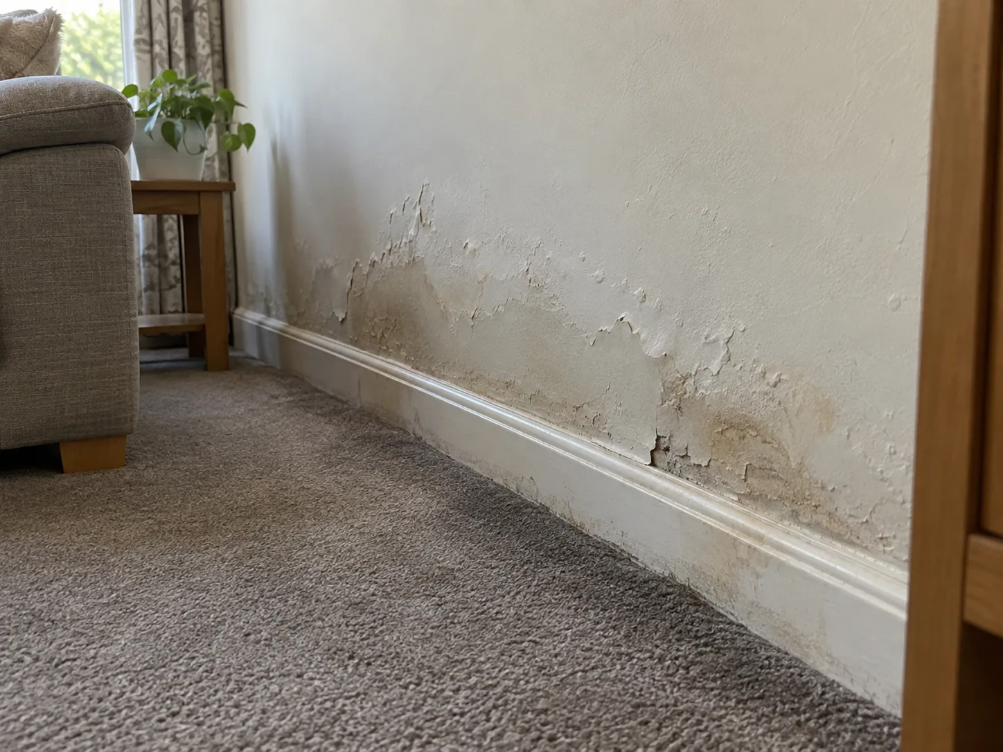 Blistered paint and damp staining on a Dallas living room wall from a slab leak