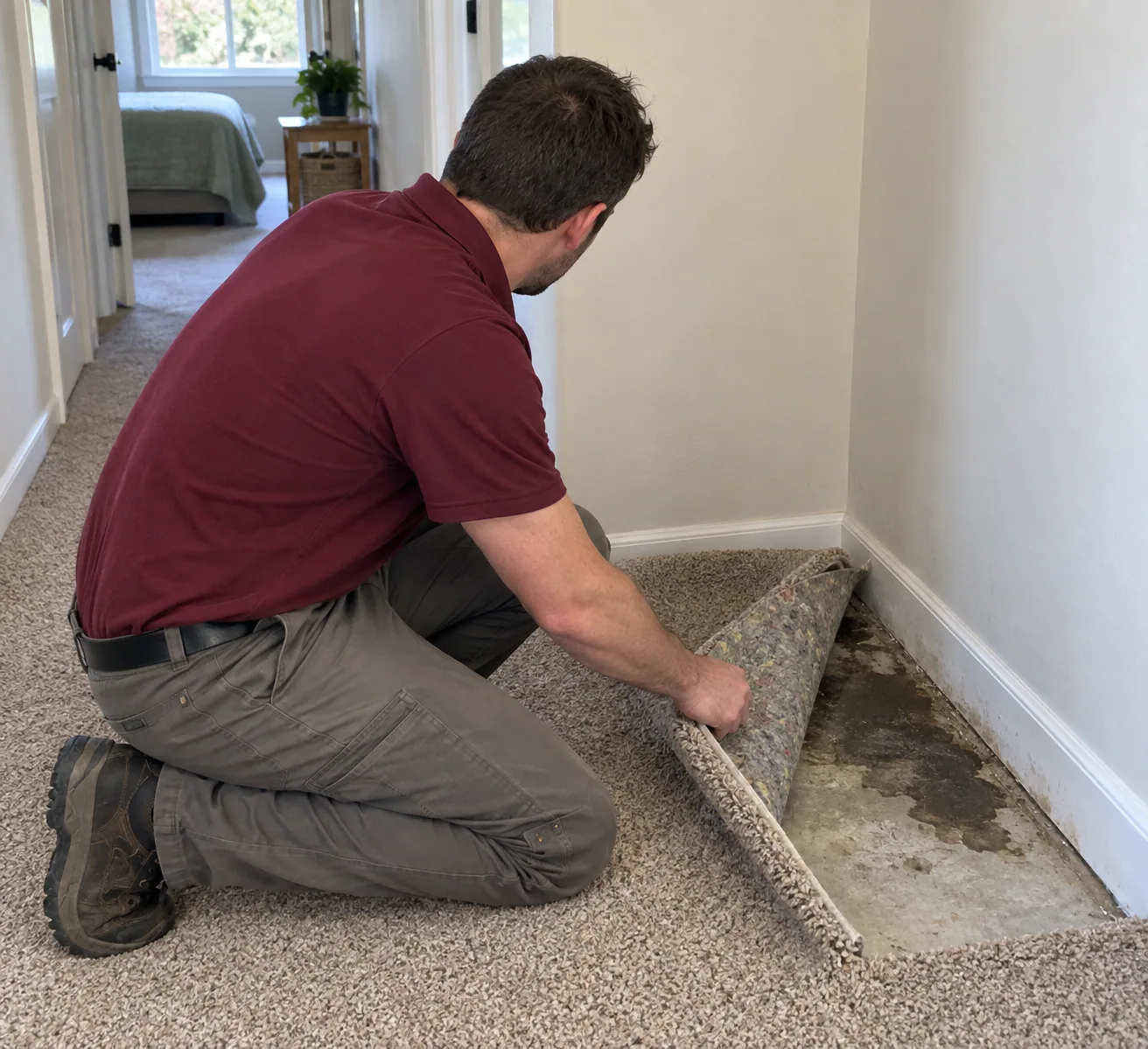 Technician lifting carpet to check damp underlay in a Dallas home