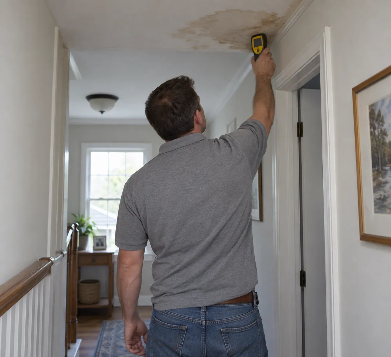 Moisture reading taken from a damp hallway ceiling in a Dallas home