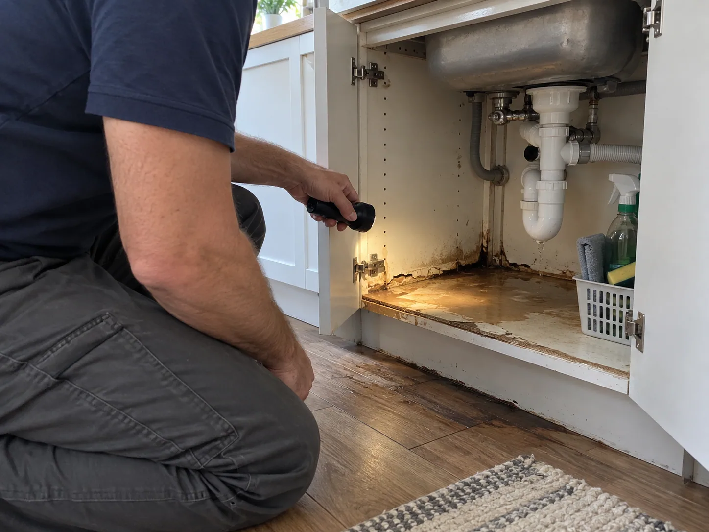 Technician checking a leak under a kitchen sink in a Dallas home