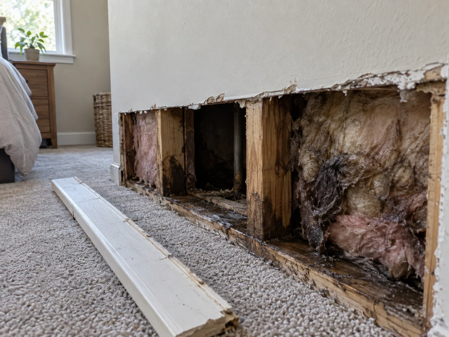 Wall opened up to dry damp studs and insulation in a Dallas home