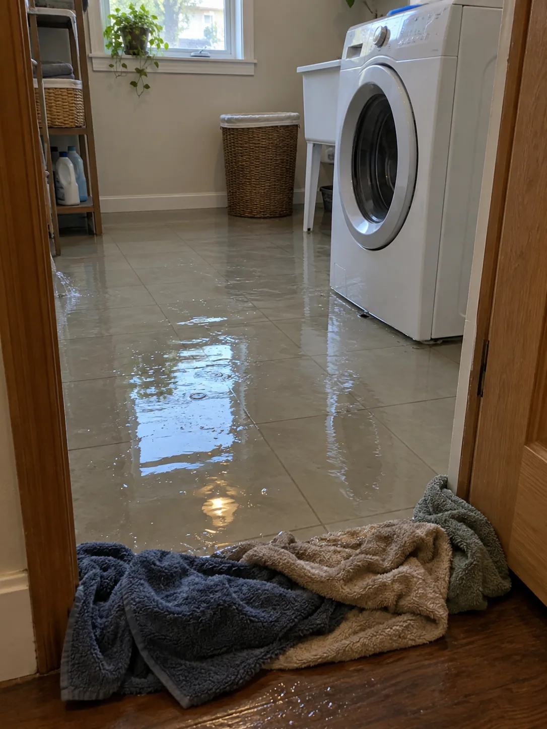 Standing water across the tiled floor of a Dallas laundry room